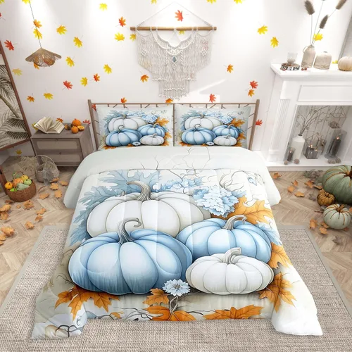 Vista 22 de Erosebridal Juego de edredón individual de pavo de Acción de Gracias, juego de ropa de cama de calabaza con hojas de otoño para niños y adultos