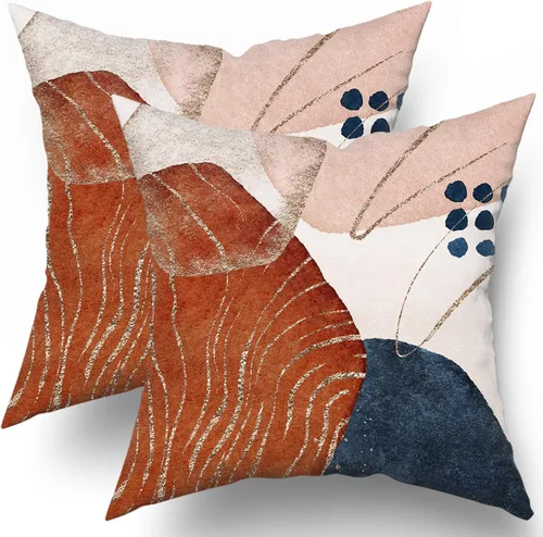 Vista 11 de Juego de 2 fundas de almohada bohemias de 16 x 16 pulgadas, color azul marino y naranja, modernas, con estampado geométrico abstracto
