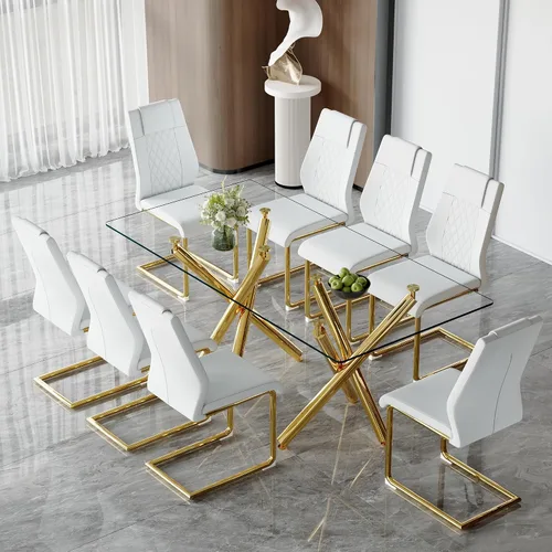 Vista 20 de Juego de mesa de comedor de cristal para 6, 71 pulgadas juego de mesa de comedor moderno para 6 7 Piece Dining Table Set, 6 White Dining Chairs