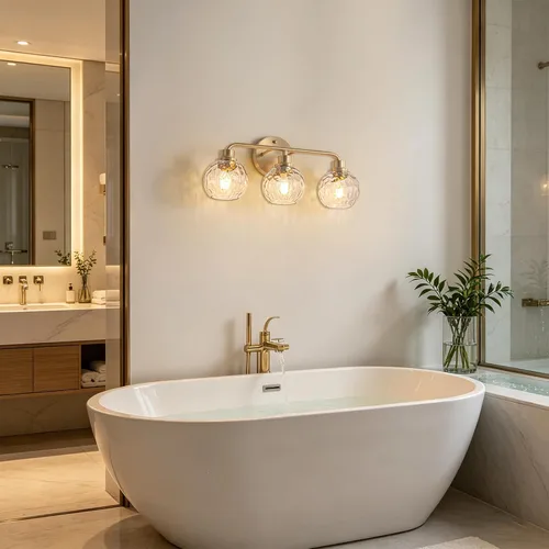 Vista 4 de Lámparas de baño doradas para tocador, 3 luces, apliques de pared, luces de latón cepillado con pantalla de vidrio martillado, lámpara de pared