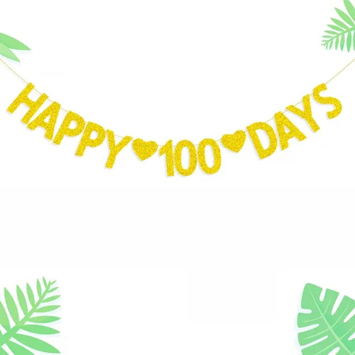 Vista 2 de Morndew Cartel de feliz 100 días con purpurina dorada para baby shower, fiesta de cumpleaños, suministros de decoración
