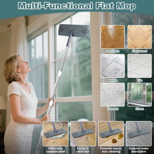 Vista 3 de Trapeador plano con 3 almohadillas, mopas de microfibra para limpieza de pisos con mango ajustable de 73.7-124.5 cm, mopa de polvo para pisos