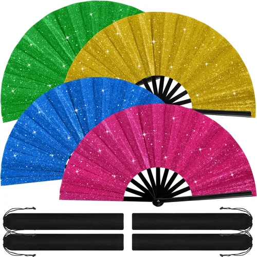 Vista 9 de Blulu 4 abanicos de mano plegables grandes de 13 pulgadas, abanicos gigantes que aplauden para rave, plegables para decoración de fiestas de baile
