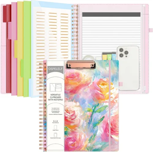 Vista 10 de Portapapeles de cuero Ospelelf con portafolio y bolsa con cremallera de almacenamiento, portapapeles espiral con bloc de notas para tamaño carta, 5