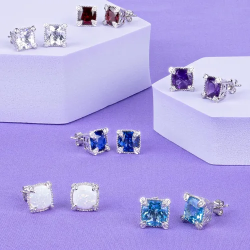 Vista 6 de Nicole Miller Fine Jewelry - Aretes de piedras preciosas de corte cojín para mujer en plata de ley 925 con piedra natal de 0.315in, Gema Piedra