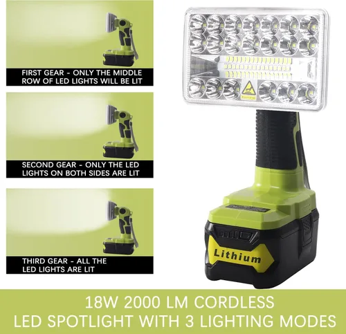 Vista 3 de YEX-BUR Luz de trabajo LED inalámbrica para batería Ryobi de 18 V, 18 W, 2000 lúmenes, foco LED de mano, linterna portátil para el lugar de trabajo