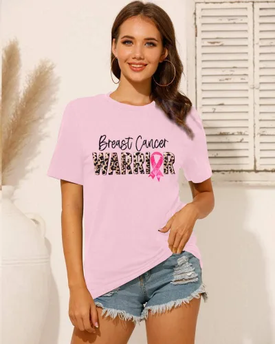 Vista 2 de Camisetas de concientización sobre el cáncer de mama para mujer, camiseta de guerrero contra el cáncer, camiseta de manga corta con gráfico de cinta