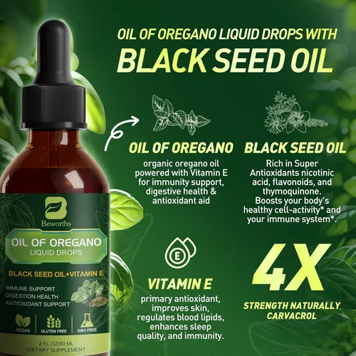Vista 3 de B BEWORTHS Gotas de Aceite de Orégano Orgánico Aceite de Orégano con Aceite de Semilla Negra, Vitamina E, Gotas de Orégano 80% Carvacrol