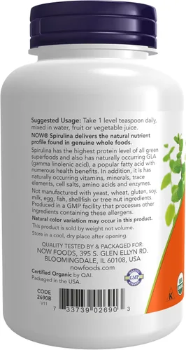 Vista 3 de NOW Suplementos, orgánico certificado, polvo de espirulina, rico en betacaroteno (vitamina A) y B-12 con GLA y clorofila naturales, 4 onzas