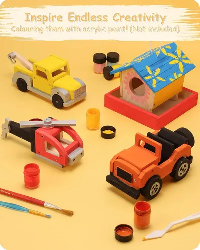Vista 3 de SainSmart Jr. Kit de construcción de carpintería, juego de proyectos STEM 4 en 1 para niños, juguetes de montaje de manualidades de madera