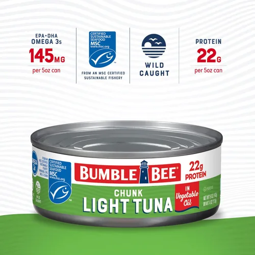 Vista 3 de Bumble Bee Atún Claro en Trozos en Aceite, Lata de 5 Onzas - Atún Listado Capturado Salvaje - 22g de Proteína por Porción - Mariscos Sostenibles
