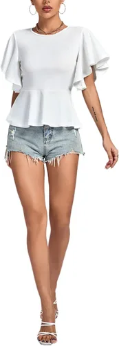 Vista 5 de LYANER Blusa elegante de manga corta con volantes y cuello redondo para mujer