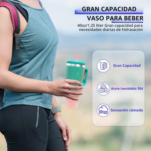 Vista 4 de Botella de agua aislada de 40 onzas, vaso de acero inoxidable Aqua Pink - Diamante