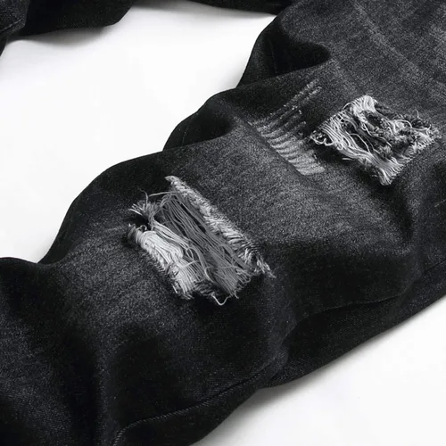 Vista 5 de Pantalones rajados para hombre, de mezclilla, ajuste regular, pierna acampanada, de corte entallado, con agujeros, pantalones de hombre de mezclilla