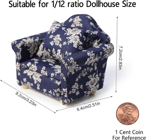 Vista 4 de Sofá de casa de muñecas con almohada a escala 1/12, muebles en miniatura, color azul Miniature 2 pcs high simulation upholstered fabric & wood