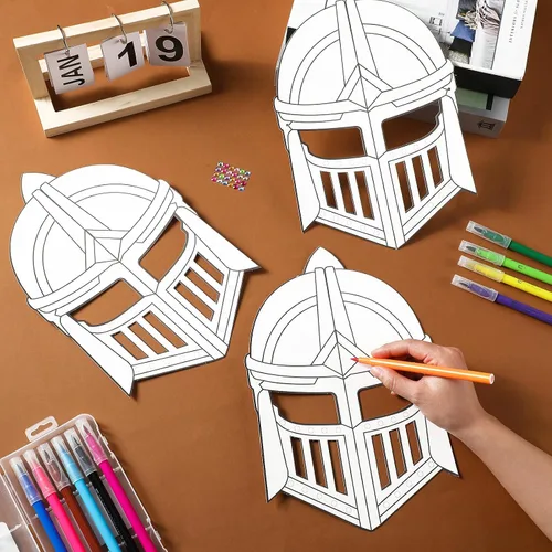 Vista 7 de 24 Pack Color Your Own Knight Mask Craft Kit DIY Knight Paper Mask for Kid Party Favors Helmet Craft, Medieval Armor Theme, Princess Decoration