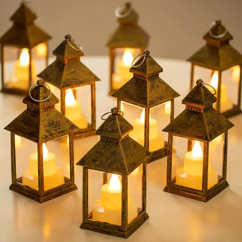 Vista 11 de Romadedi Mini Linternas Decorativas para Centro de Mesa - 10 Piezas de Linternas Pequeñas Negras Colgantes a Granel con Velas LED Parpadeantes
