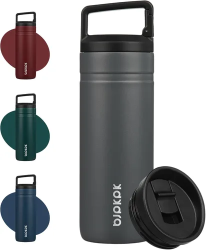 Vista 22 de BJPKPK - Botella de agua aislada con 2 tapas, vaso/taza de viaje de acero inoxidable de 20 onzas con aislamiento al vacío de doble pared, taza