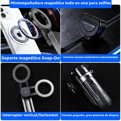 Vista 8 de Mini palo selfie magnético para iPhone y Android, con control remoto Negro