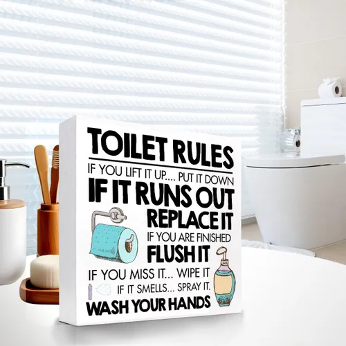 Vista 4 de Toilet Rules - Cartel divertido de madera para baño, placa de bloque de madera para el hogar, baño, estante de pared, decoración de inodoro Bartroom