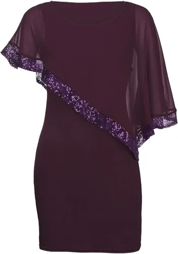 Vista 4 de NIUQI Vestido de noche de gasa de color sólido para mujer con lentejuelas y hombros descubiertos cuello redondo manga capa