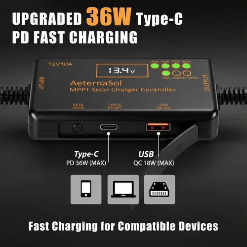 Vista 3 de Controlador de carga solar MPPT 12V 10A para baterías LiFePO4, AGM y gel