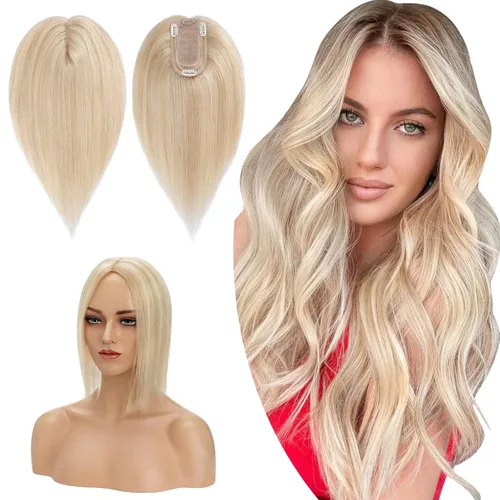 Vista 21 de Hairro Toppers de cabello humano 100% real para mujeres sin flequillo, postizos de cabello real con clip, base de seda transpirable para cubrir