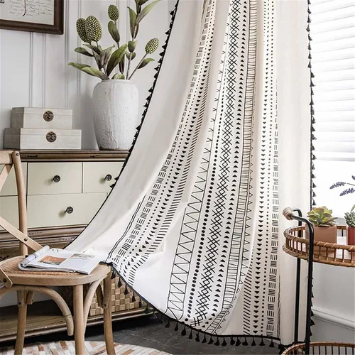 Vista 17 de Deeprove - Cortinas bohemias de 63 pulgadas de largo para dormitorio, rayas de lunares de punto hueco beige y patchwork de algodón y lino crema