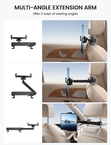 Vista 3 de Lamicall Soporte para tablet con reposacabezas de automóvil, con bloqueo, brazo de extensión 3 en 1, soporte de tableta mejorado para asiento