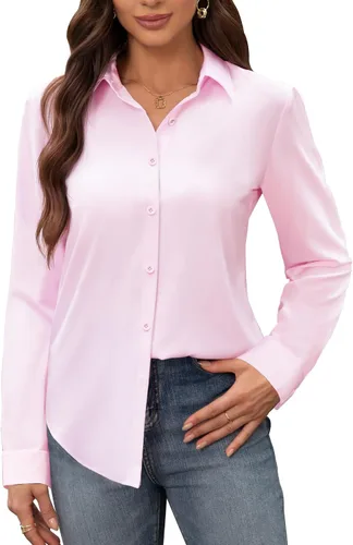 Vista 18 de Siliteelon - Camisas de vestir para mujer, a prueba de manchas, sin arrugas, de manga larga, sólidas, para trabajo y negocios, con botones