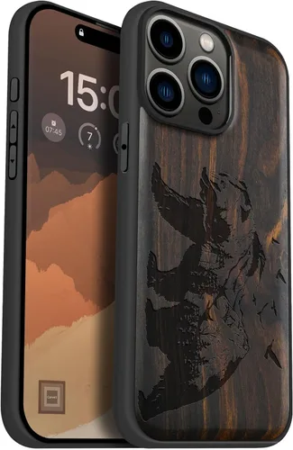 Vista 15 de Carveit Funda de madera para iPhone 15 Pro Max, calendario azteca, cereza