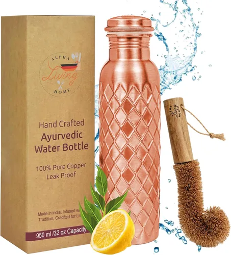 Vista 11 de Alpha Living Home Pure Copper Water Bottle Set of 3 - Handcrafted Drinking Bottles with Hammered, Diamond & Honeycomb Design - Leak Proof Wide Mouth