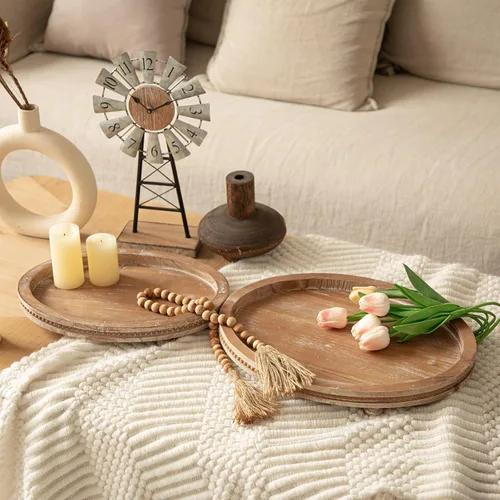 Vista 6 de Juego de 2 bandejas ovaladas de madera con diseño de cuentas, bandeja de decoración de mesa de centro de mesa para sala de estar, bandeja de mesa