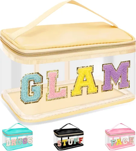 Vista 25 de izuzta Bolsas de maquillaje transparentes con letras de chenilla, bolsa de maquillaje de parche preppy con asa