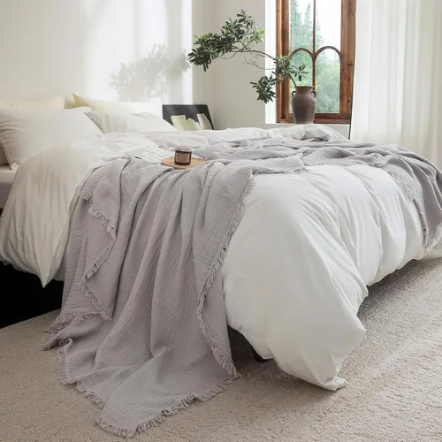 Vista 79 de FOSSA Manta de Muselina con Flecos - Gasa de Algodón 100% de 4 Capas Súper Suave y Transpirable - Manta Decorativa Ligera y Refrescante para Cama