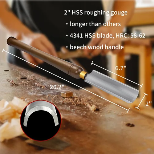 Vista 2 de Cincel de torno HSS de 2 pulgadas Herramientas de torneado de torno de madera con mango largo de haya