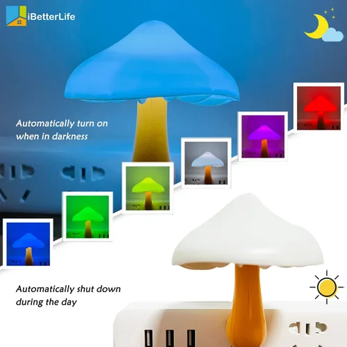 Vista 2 de Luces nocturnas LED con sensor en forma de hongo - 2 unidades, enchufe de pared con 7 colores cambiantes, lámpara mini de ensueño, luz nocturna