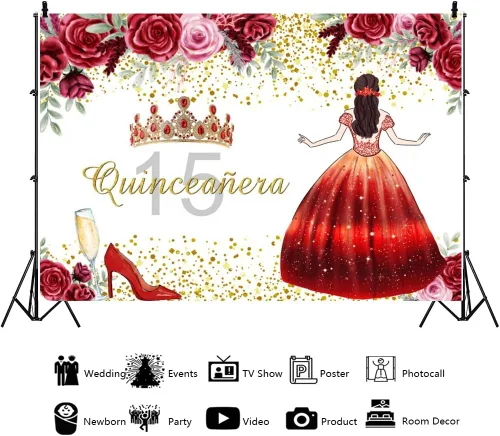 Vista 3 de YongFoto Telón de fondo de quinceañera de 5 x 3 pies para quinceañera de cumpleaños de 15 años, corona floral de rosa, fondo de cumpleaños