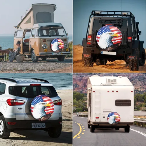 Vista 6 de Cubierta de neumático de repuesto, bandera de águila americana, de poliéster, universal, impermeable, protección contra la corrosión, para remolque