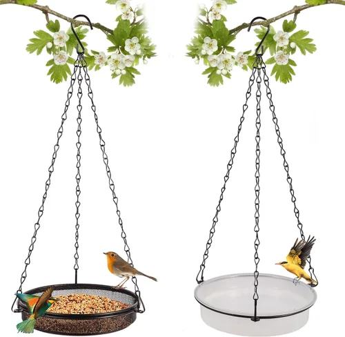 Vista 8 de HRAYLTOP Comederos para pájaros de cubierta con bandeja de malla metálica y 2 cuencos de agua, soporte de abrazadera desmontable ajustable