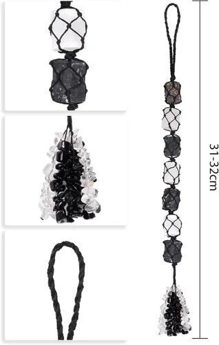 Vista 2 de mookaitedecor Adorno colgante de turmalina negra y cristal de selenita con borlas de piedras chip Feng Shui para colgar en el automóvil, decoración