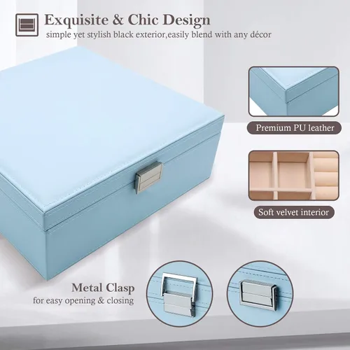 Vista 5 de ProCase - Joyero grande de cuero con dos niveles para organizar aretes pulseras anillos relojes para mujeres niñas regalo ideal para novia o esposa