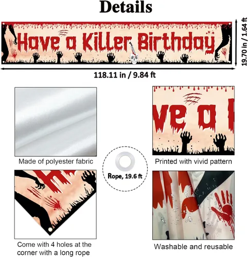 Vista 2 de Labakita Cartel grande de cumpleaños con texto en inglés "Have a Killer", decoración de fiesta de cumpleaños de Halloween, terror de terror