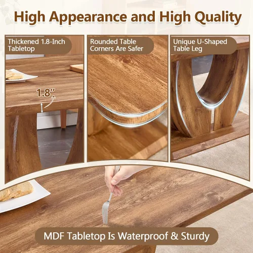 Vista 5 de Moderno juego de mesa de comedor para 6, mesa de cocina de madera con sillas de cuero, juego de mesa de comedor de 7 piezas con parte superior