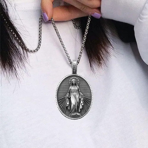 Vista 7 de Collar de la Virgen María para las mujeres y los hombres cristianos joyería oval cruz Medalla exquisito colgante 236in cadena de acero inoxidable