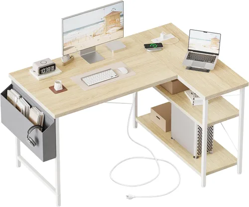 Vista 40 de Mericonia Escritorio pequeño en forma de L para computadora con tomas de corriente, escritorio de juegos para espacios pequeños, escritorio
