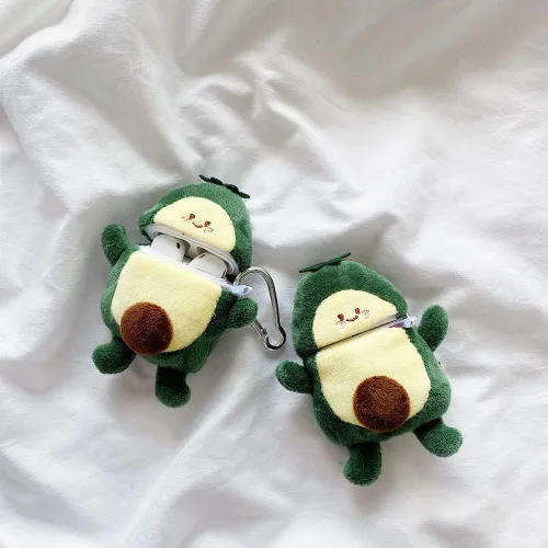 Vista 6 de Funda peluda SGVAHY para AirPods 1 y 2, diseño divertido de dibujos animados en 3D, diseño de aguacate verde suave y cálido, funda esponjosa