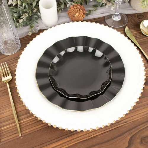 Vista 7 de Tableclothsfactory Paquete de 10 platos redondos de plástico negro de 6 pulgadas para ensalada de postre, platos desechables con borde ondulado