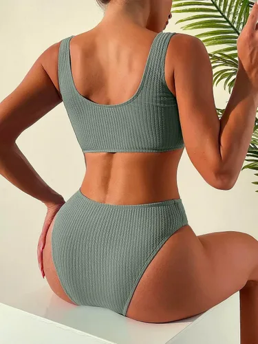 Vista 2 de Lilosy Conjunto de bikini acanalado de cintura alta, traje de baño atrevido de 2 piezas
