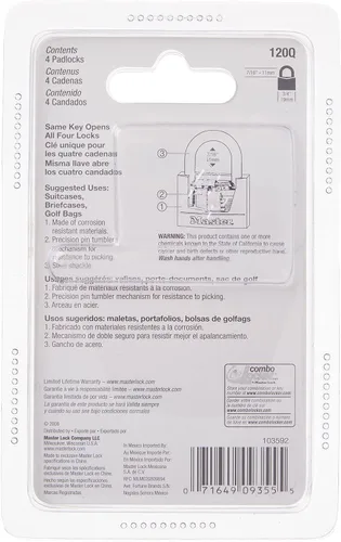 Vista 6 de Master Lock 120Q Candados anchos con llave, 3/4 pulgada, latón macizo, 4 unidades, 120Q